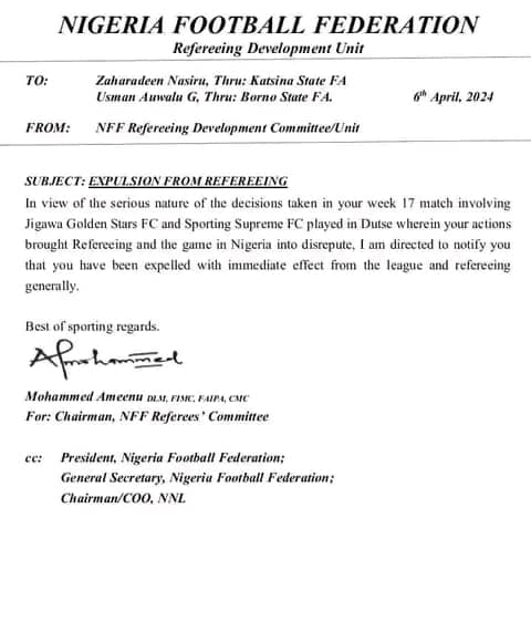 Two Nigeria League Referees sacked for inappropriate officiating