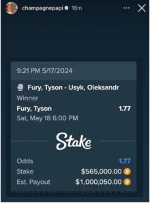 Drake Loses $565,000 Betting on Tyson Fury