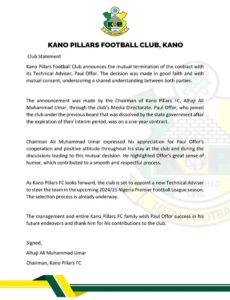 Kano Pillars Sacks Paul Offor 19 days After Being  Announced as Head Coach