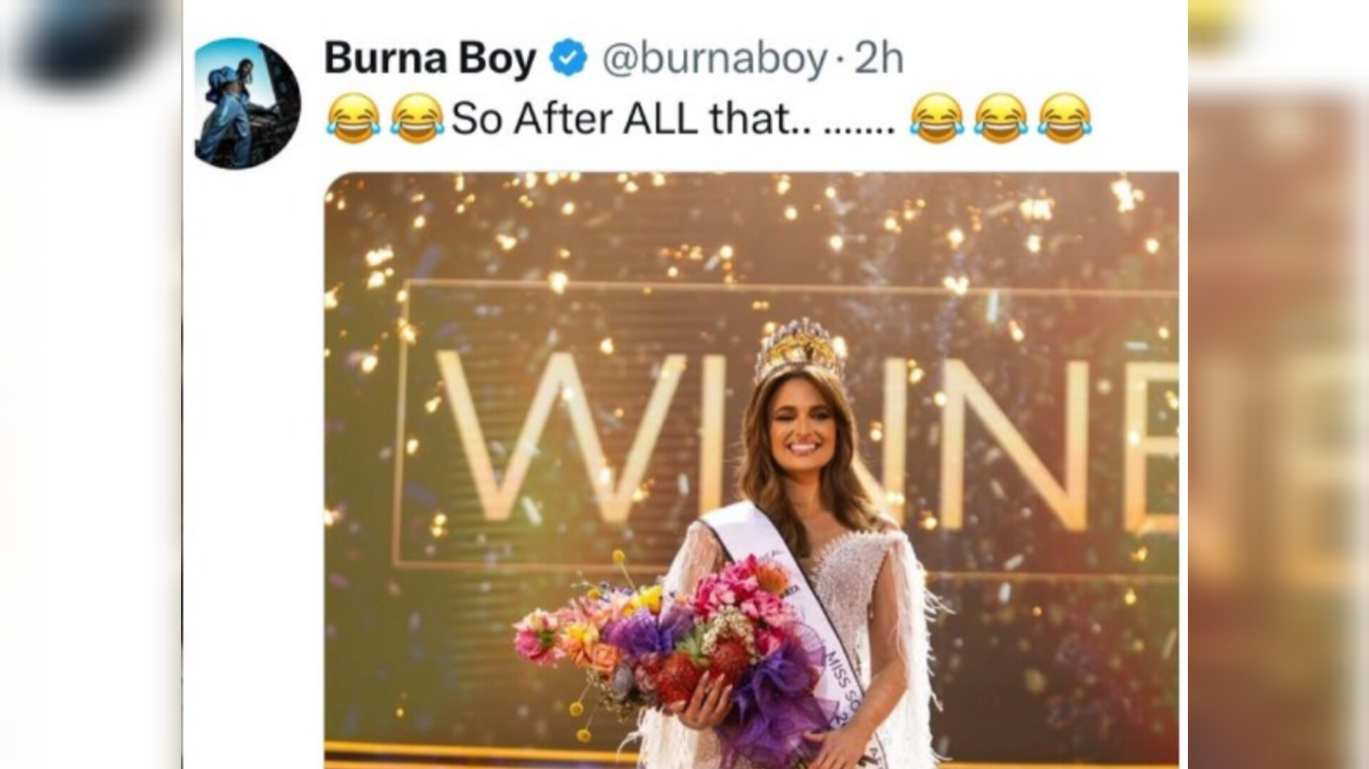Burna Boy Mocks South Africans After Nigerian-Linked Model Bullied Out of Miss South Africa Contest