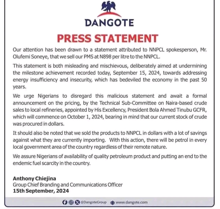 Dangote Refinery Counters FG, Confirms Selling Petrol to NNPCL In Dollars