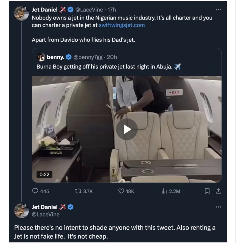 Businessman Debunks Claims of Nigerian Musicians Owning Private Jets