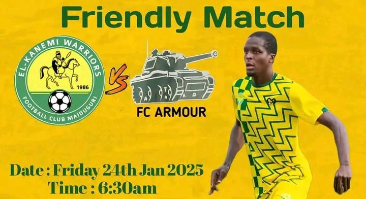 El-Kanemi Warriors FC, the pride of Borno State, will take on FC Armour in a friendly match scheduled for Friday, January 24, at the Mahamet Lawan College of Agriculture ground. The Warriors are coming off back-to-back dominant victories, defeating CP Strikers FC 5-0 and the 134 Battalion Army team 8-0. This friendly match is part of their preparations to maintain player fitness ahead of the second round of the Nigerian Professional Football League (NPFL). Fans are invited to watch Coach Aliyu Zubairu's team display their thrilling style of football once again.