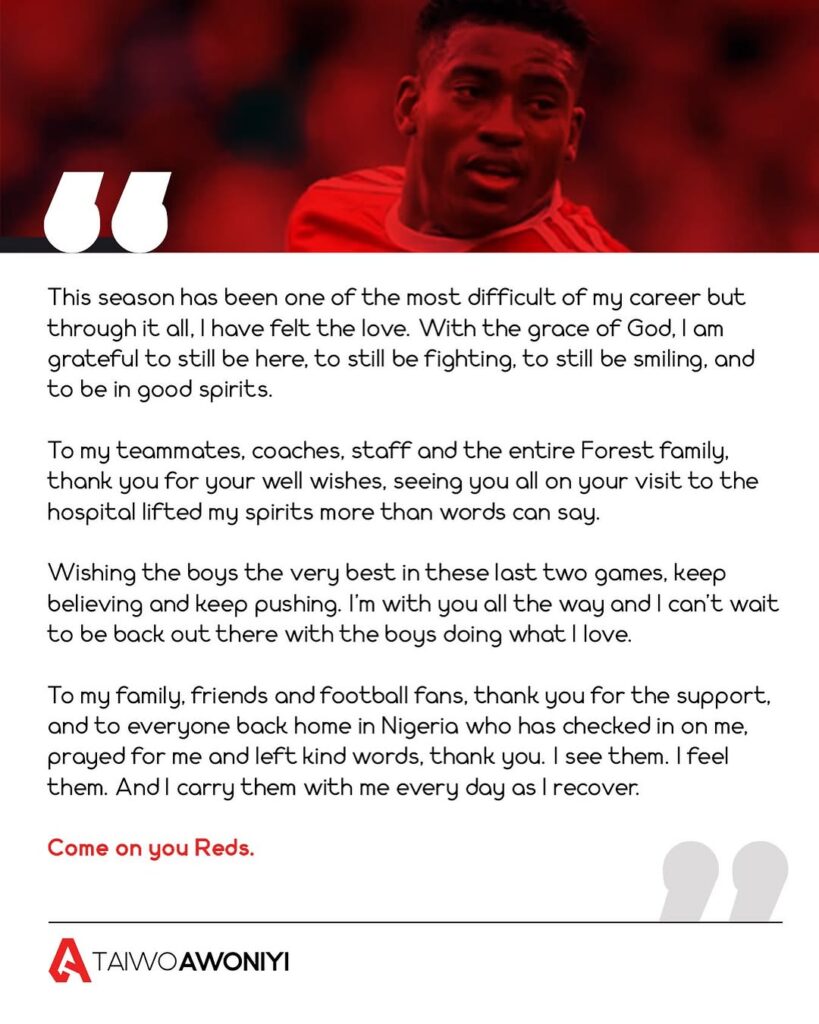 Taiwo Awoniyi Expresses Gratitude Amid Recovery from Injury