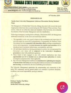Students’ Week Scandal: Taraba Varsity Dissolves SUG, Begins Disciplinary Actions