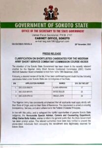 Sokoto Government Rejects Non-Indigenes Listed Under Its Slot in Nigerian Army SSC Course 49/2026
