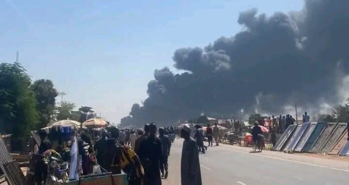 BREAKING: Tanker Overturns and Catches Fire at Kura Roundabout in Kano