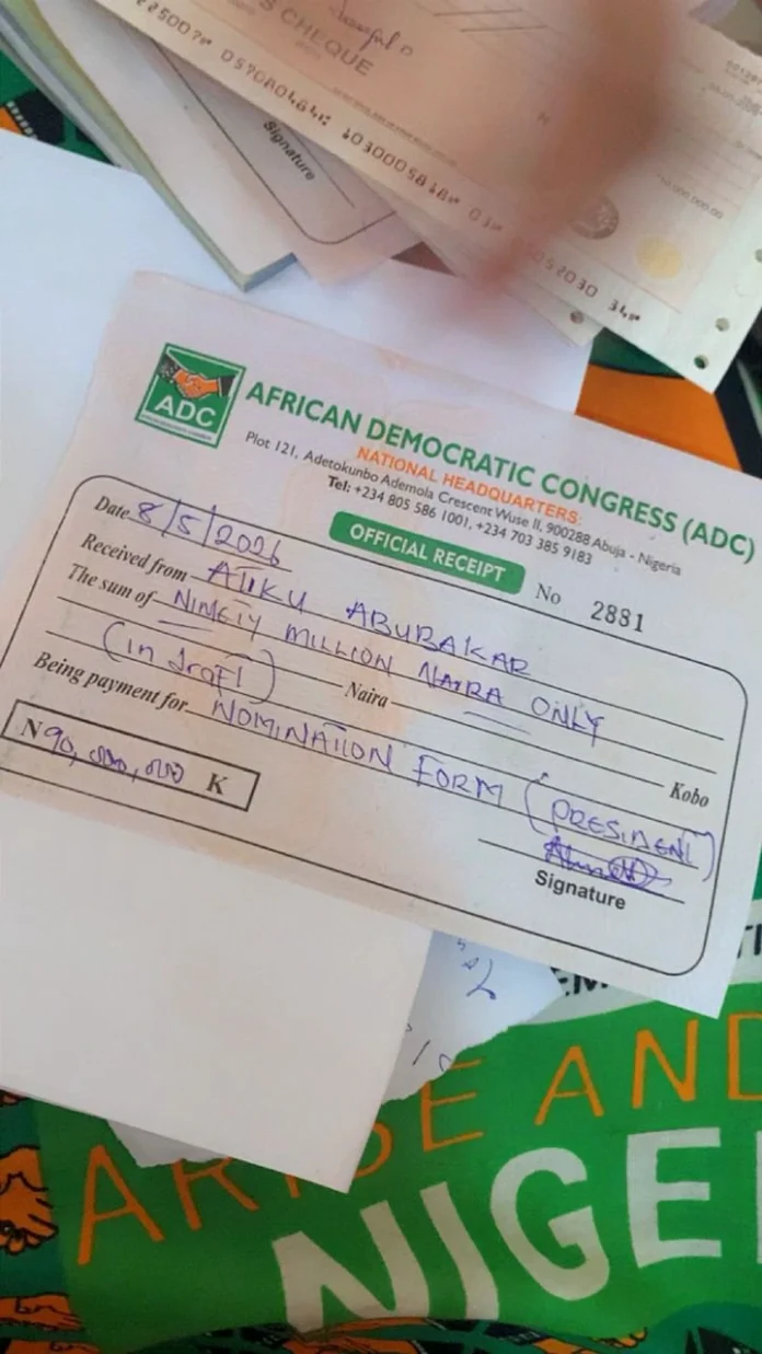 Atiku Receives ADC Receipt After N90m Presidential Form Payment
