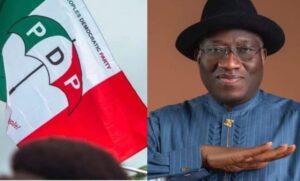PDP Logo and Goodluck Jonathan